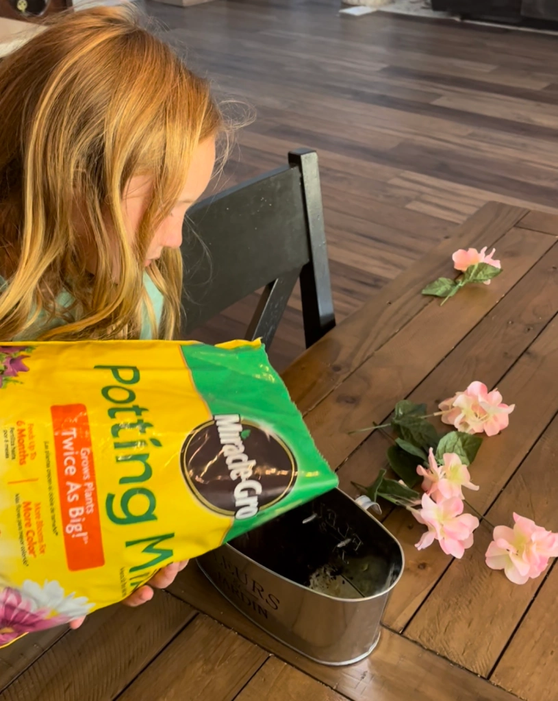 pouring Miracle Grow potting mix